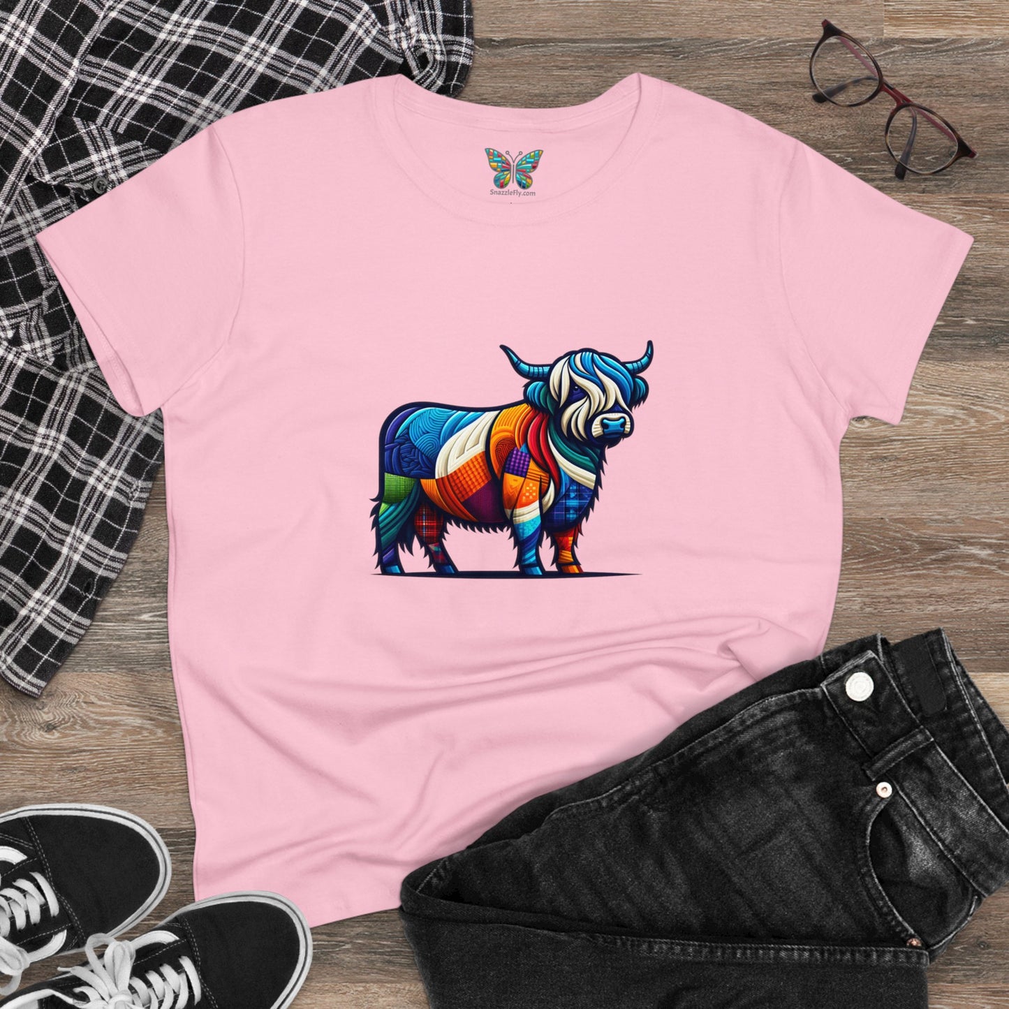 Shaggy Scottish Highland Cow Plaidistry - Women - Snazzle Tee