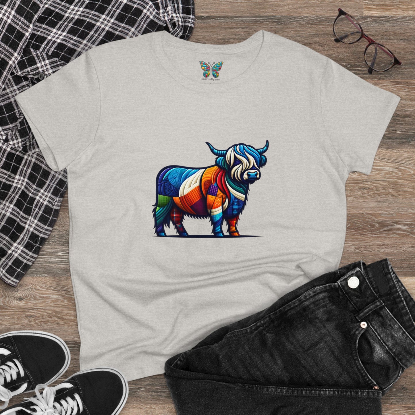 Shaggy Scottish Highland Cow Plaidistry - Women - Snazzle Tee