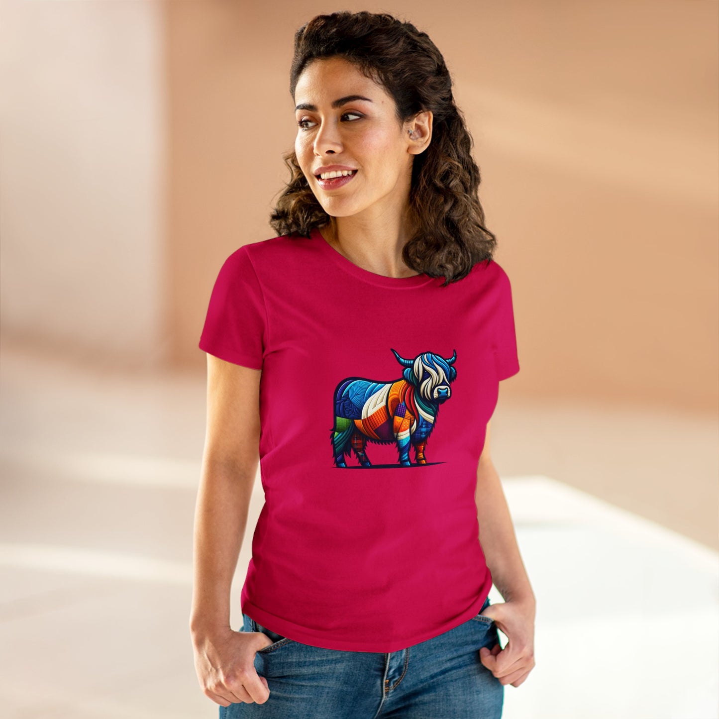 Shaggy Scottish Highland Cow Plaidistry - Women - Snazzle Tee